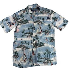 Campia Easy Care surfs up Hawaiian Aloha Camp Sailboat US Flag Shirt mens Small